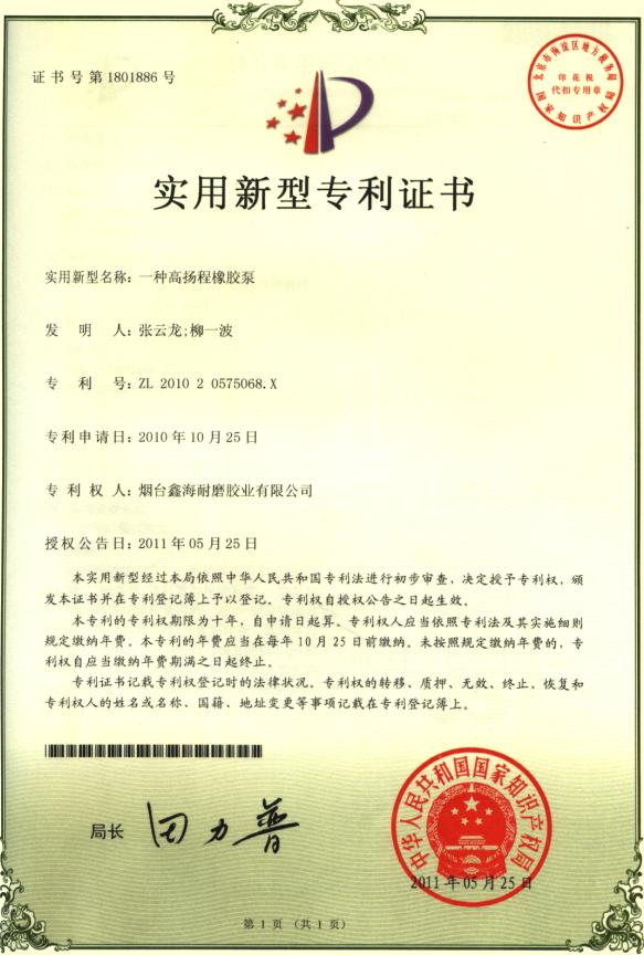 Certificado patentado de bomba de goma anti-abrasiva